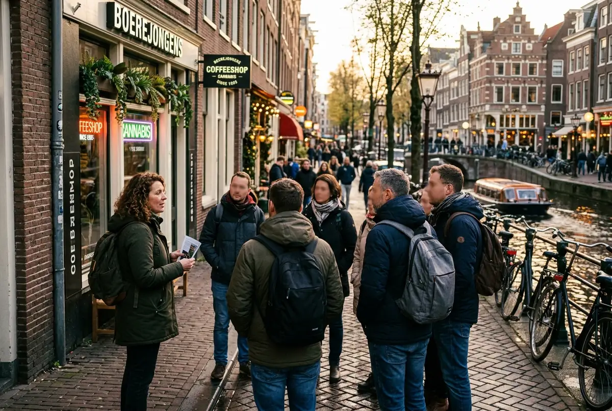 Editorial street scene of a small adult tour group listening to a guide near amsterdam coffeeshops during a cannabis tour walk