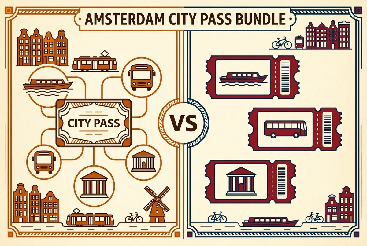 Simple comparison infographic showing a bundled amsterdam city pass card on one side and separate tickets for a hop-on-hop-off bus, canal cruise and museum entry on the other side with a versus symbol between them