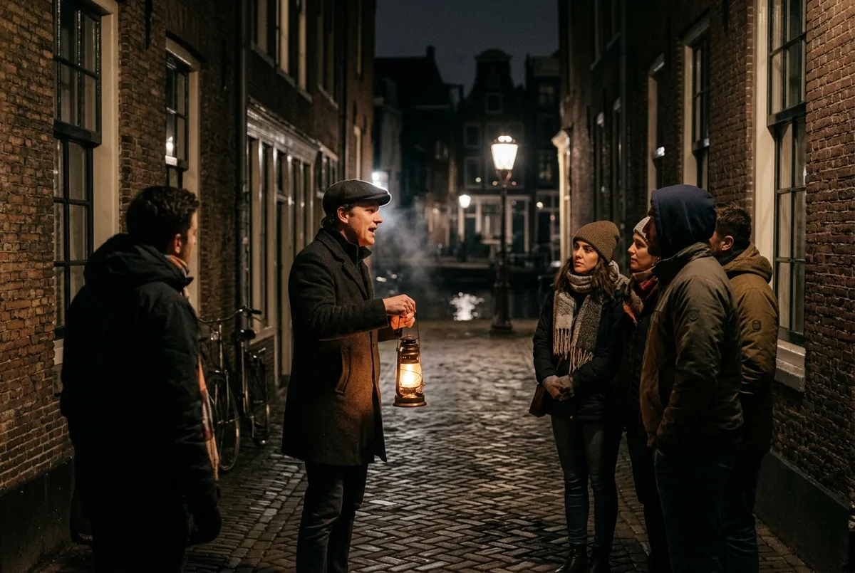 Guide with a lantern telling a ghost story to a small group on an amsterdam haunted tour in a dark cobblestone alley