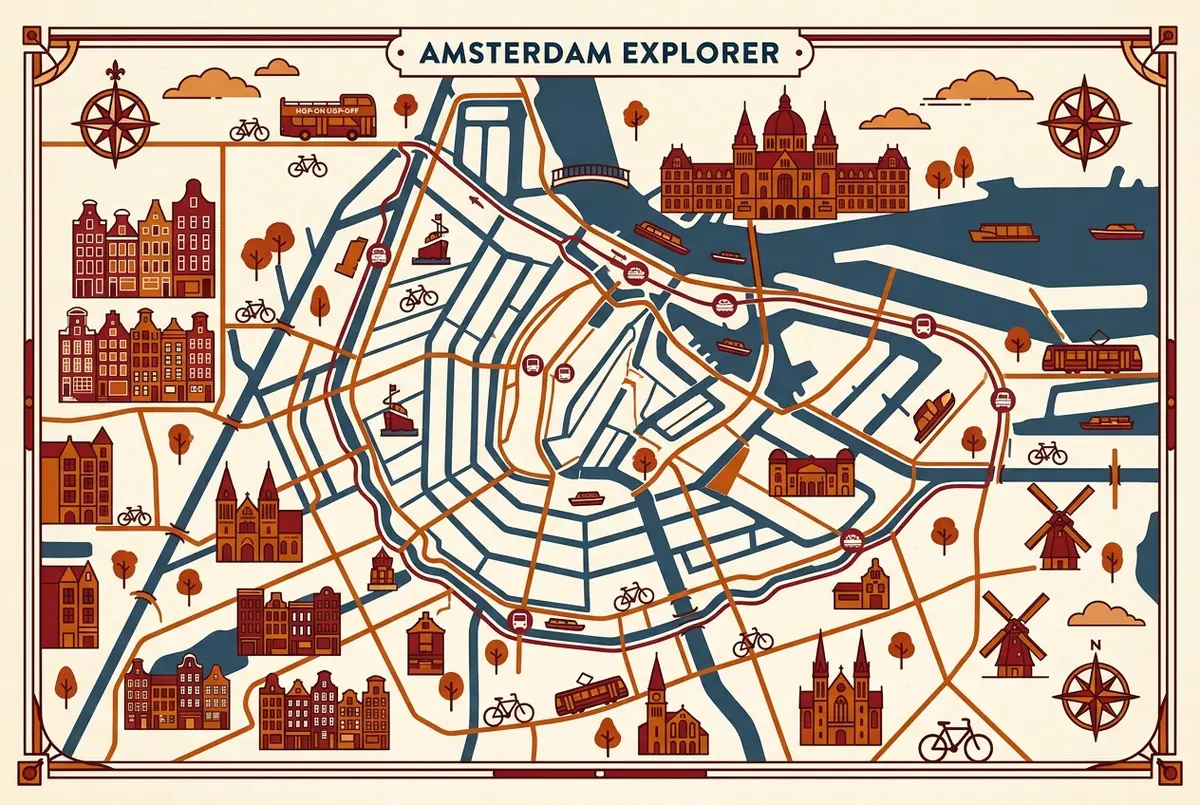 illustrated map of amsterdam highlights for Amsterdam Hop-On Hop-Off Bus and Boat Combo Ticket Explained, amsterdam hop on hop off bus and boat