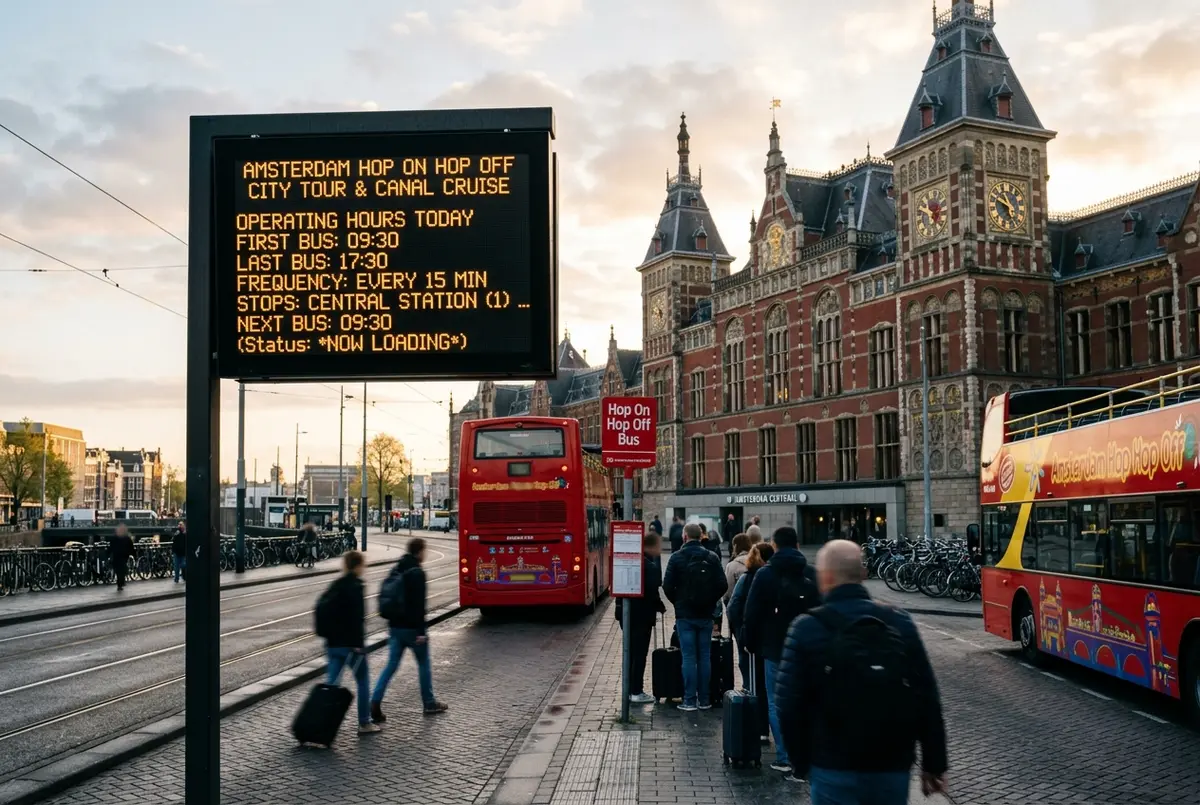 Reisender prueft auf einer Anzeigetafel an einer amsterdam hop on hop off Haltestelle die naechste Abfahrtszeit am fruehen Vormittag