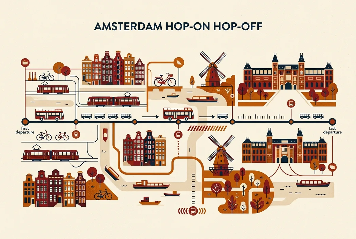 Infografik Zeitleiste die den amsterdam hop on hop off Fahrplan mit erster und letzter Abfahrt sowie Taktzeiten in generischen Uhrzeit Symbolen zeigt