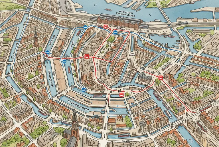 Overhead style map illustration of central amsterdam hop on hop off bus and boat stops marked along the canal ring near Central Station