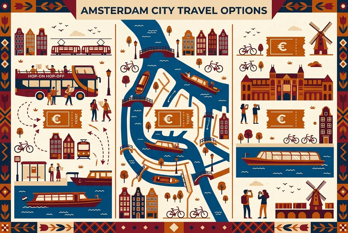 Infographic comparing the amsterdam hop on hop off bus price between the bus and boat combo, the boat only ticket and the canal cruise with generic ticket and euro sign icons