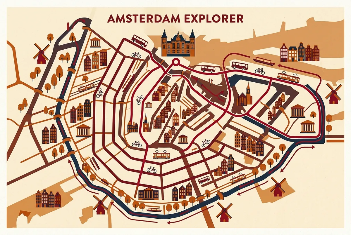 Simple infographic map showing the amsterdam hop on hop off bus loop through the historic center beside the separate canal boat loop through the canal ring, both starting at Central Station