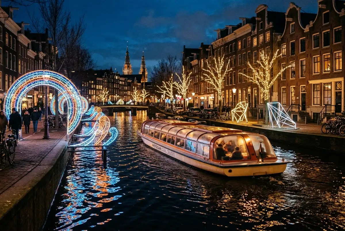 Canal cruise boat gliding past illuminated light art installations on amsterdam canals during the winter light festival