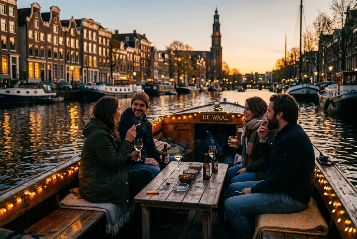 Small group of adults relaxing with drinks aboard a discreet amsterdam smoking boat canal cruise at dusk