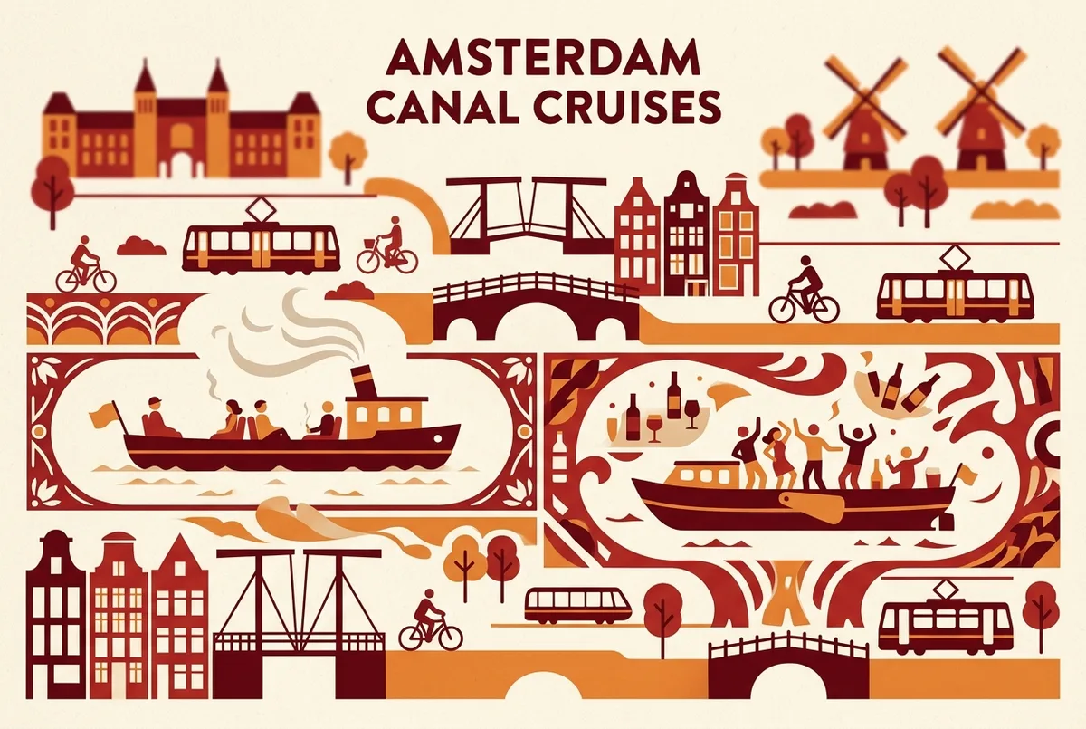 Comparison style infographic showing a calm smoking boat cruise beside a louder booze cruise on an amsterdam canal