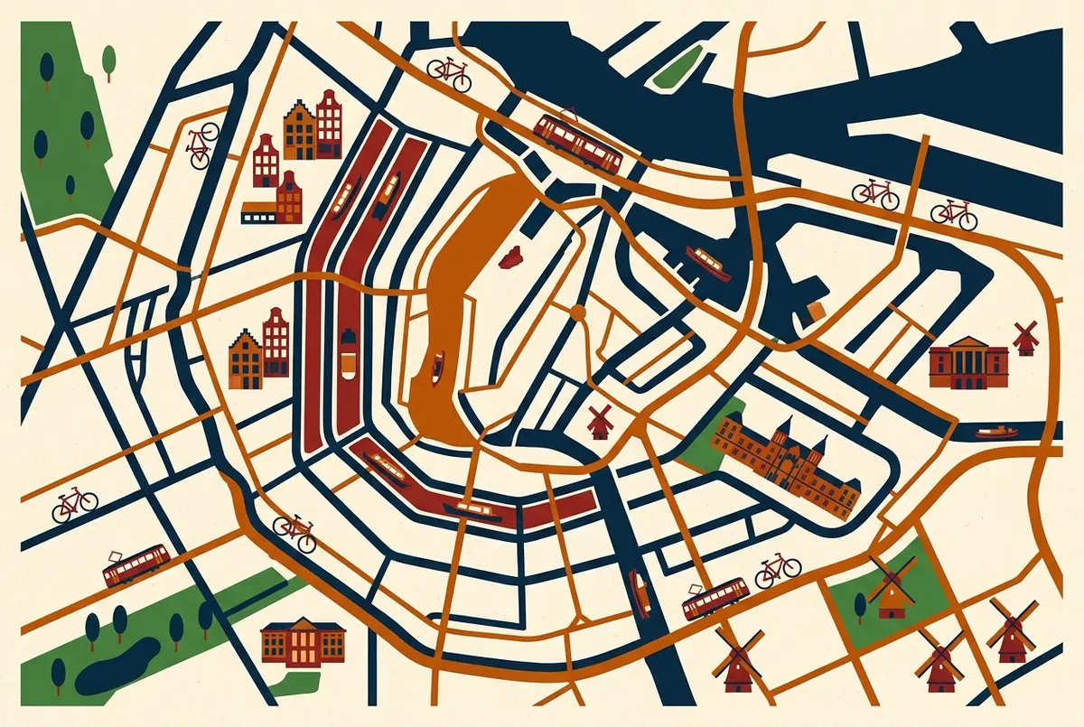 Illustrated map style graphic of central amsterdam labeling the canal ring, Jordaan, Vondelpark, Dam Square and the Museum Quarter as a top 10 things to do overview