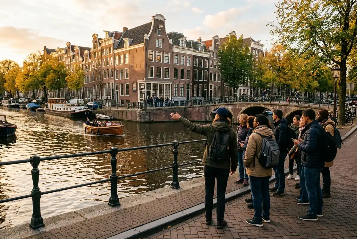 Guide gesturing toward canal houses on an anne frank walking tour amsterdam in the jordaan district during late afternoon light