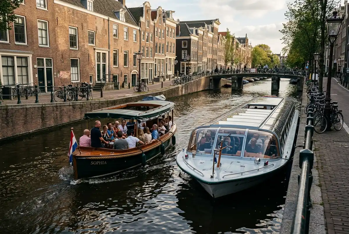 Meerdere rondvaartboten van verschillende rederijen liggen naast elkaar afgemeerd bij een steiger dicht bij amsterdam centraal station