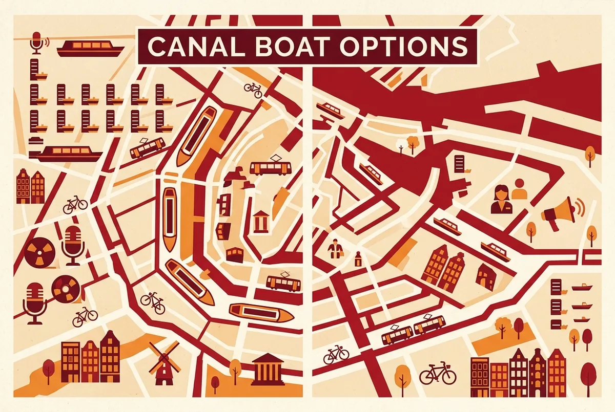 Infographic-stijl kaart met de vertrekpunten van verschillende amsterdamse rondvaartrederijen rond het centrum en centraal station