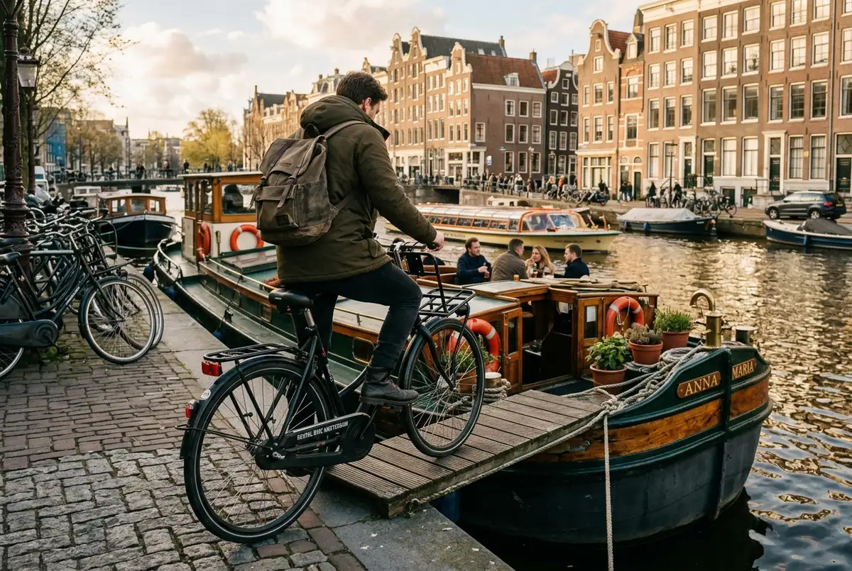 Traveler stepping from a rental bike onto a canal boat along an amsterdam waterway during a bike and barge tour