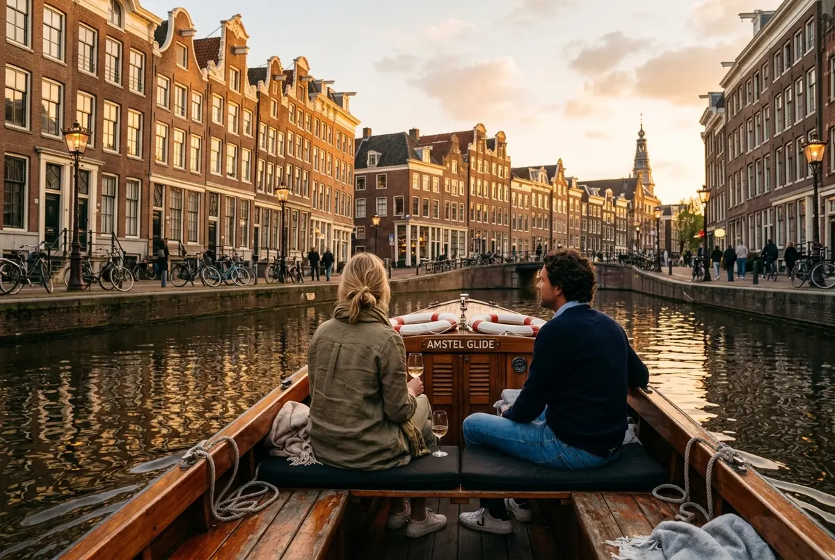Couple relaxing on a canal cruise boat gliding past historic amsterdam canal houses at golden hour