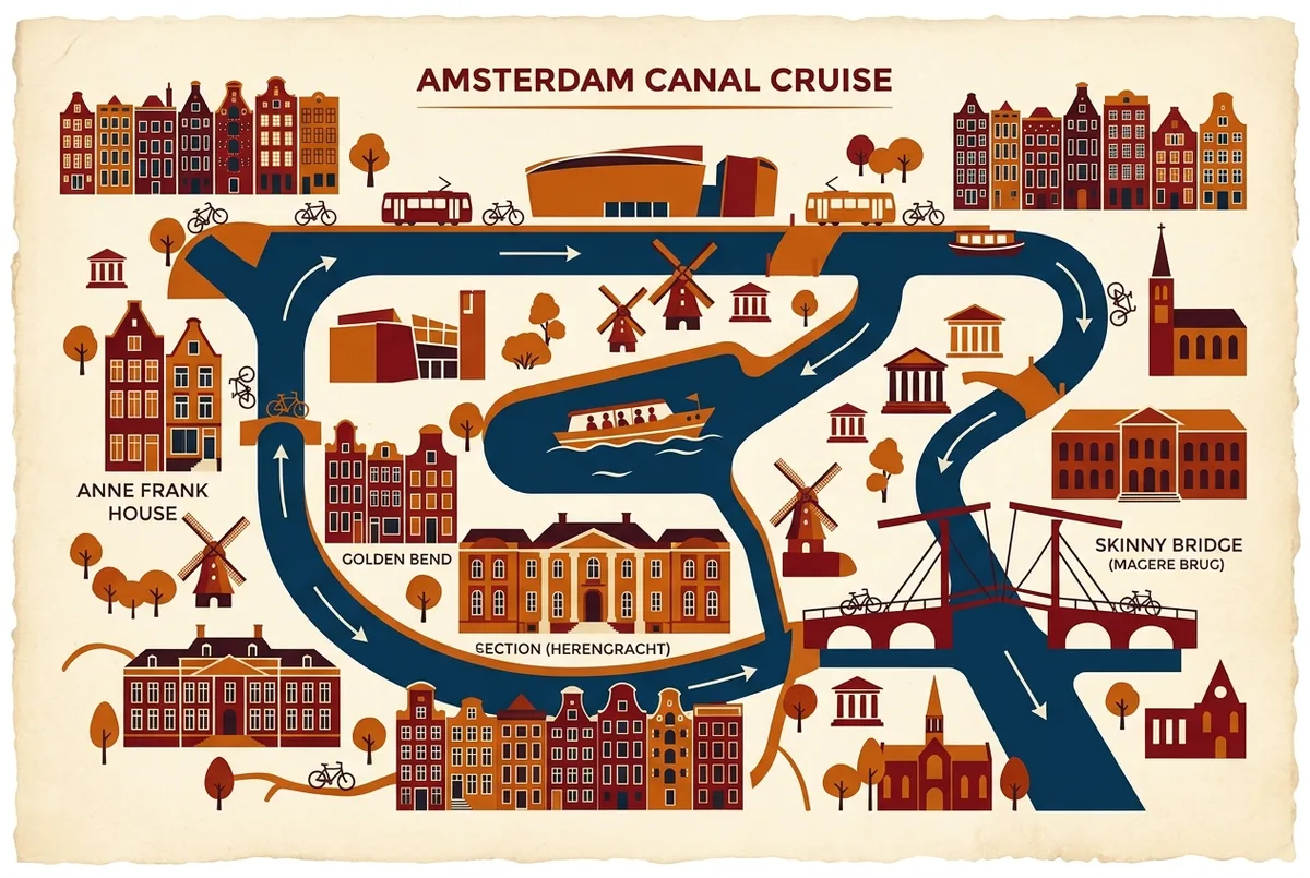 Map style infographic showing the amsterdam canal cruise route past the anne frank house golden bend and skinny bridge
