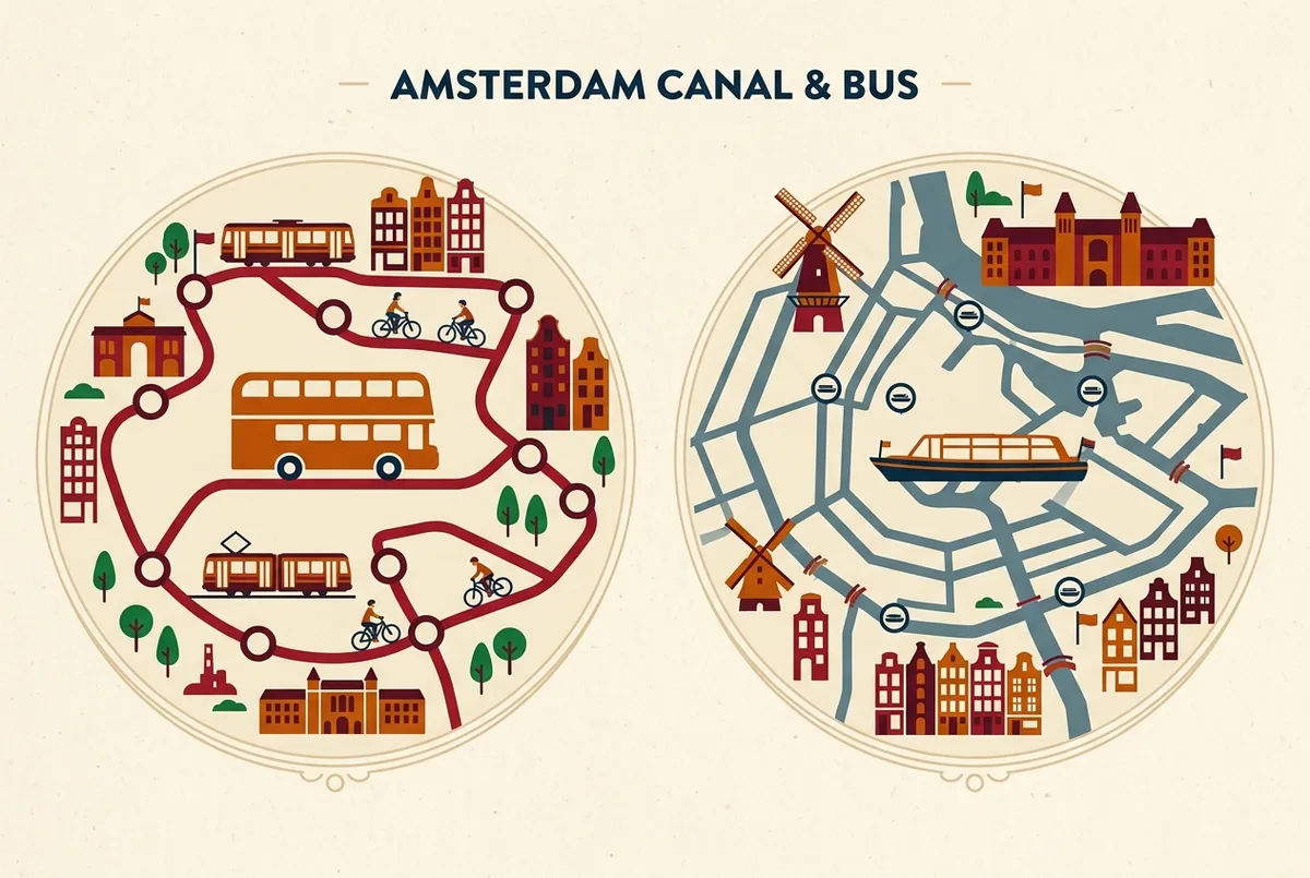 Simple comparison infographic showing city sightseeing amsterdam hop on hop off bus routes on one side and a stromma style canal cruise route on the other
