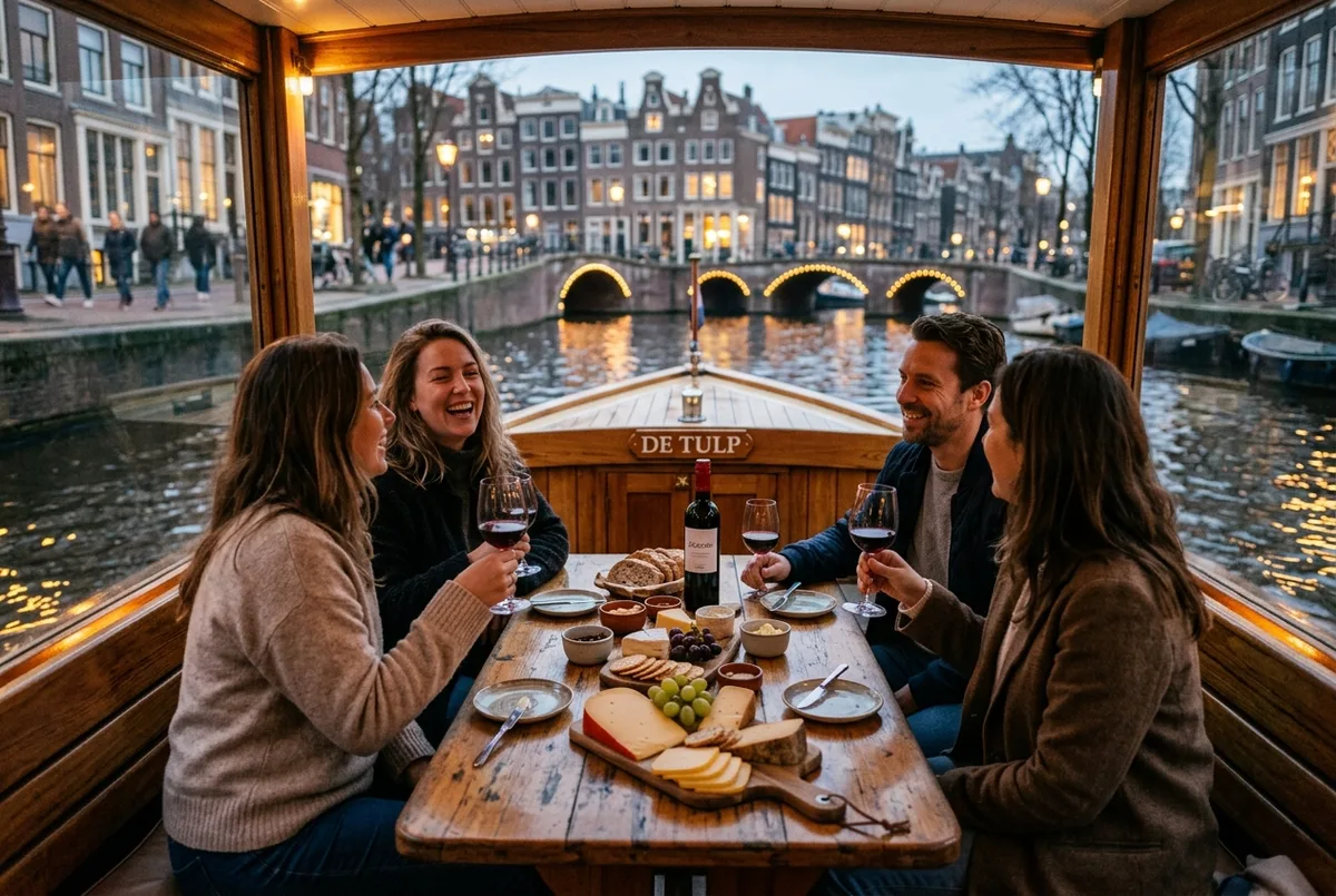 Small group enjoying dutch cheese and wine on a canal cruise boat table at dusk in amsterdam