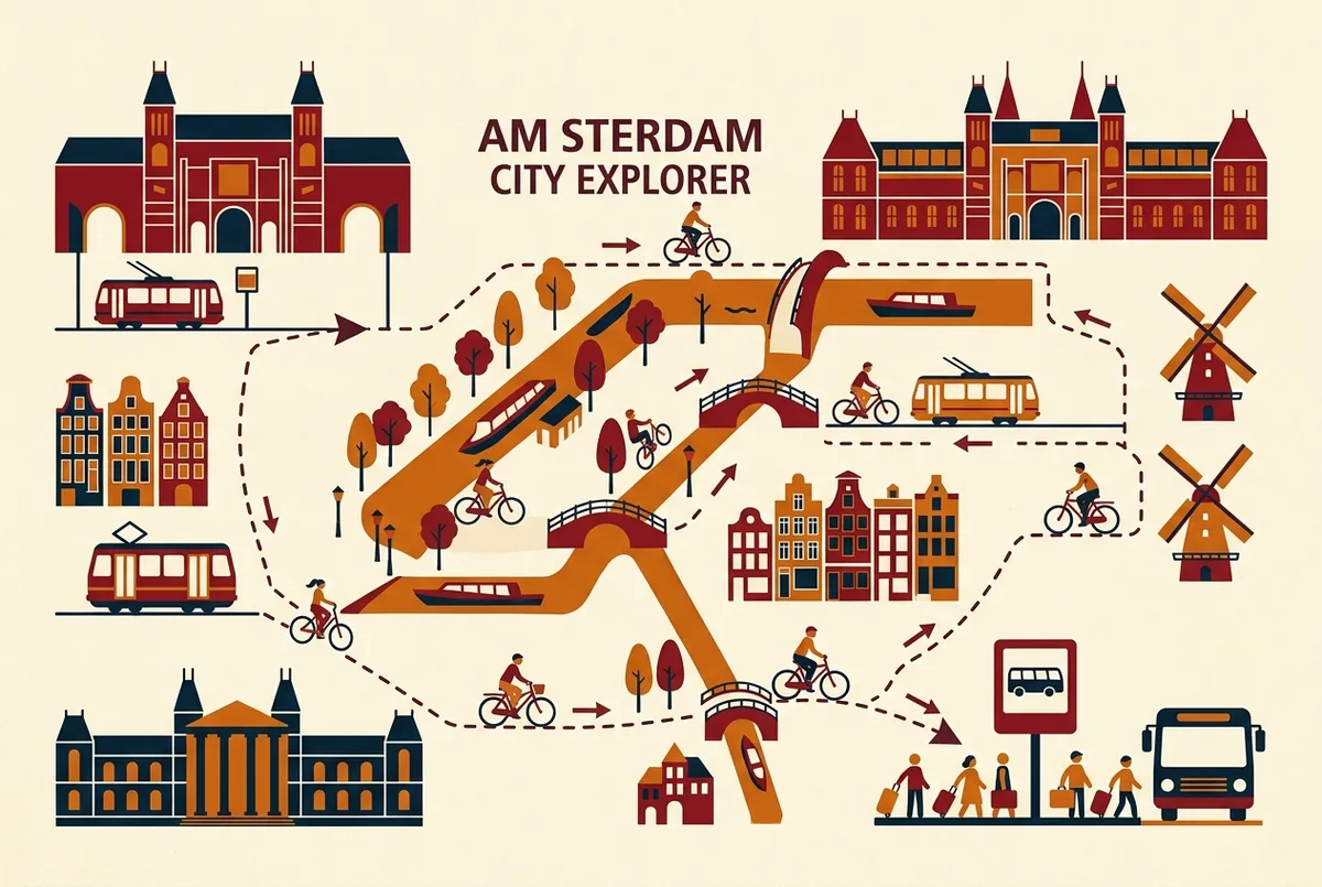 Nahaufnahme eines Wegweisers am Amsterdamer Hauptbahnhof der zur Haltestelle der amsterdam hop on hop off Busse mit einem generischen Bus Icon zeigt