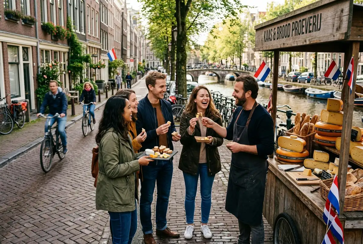 Small group tasting dutch cheese and bread samples from a local vendor on a food tour amsterdam walk through the jordaan