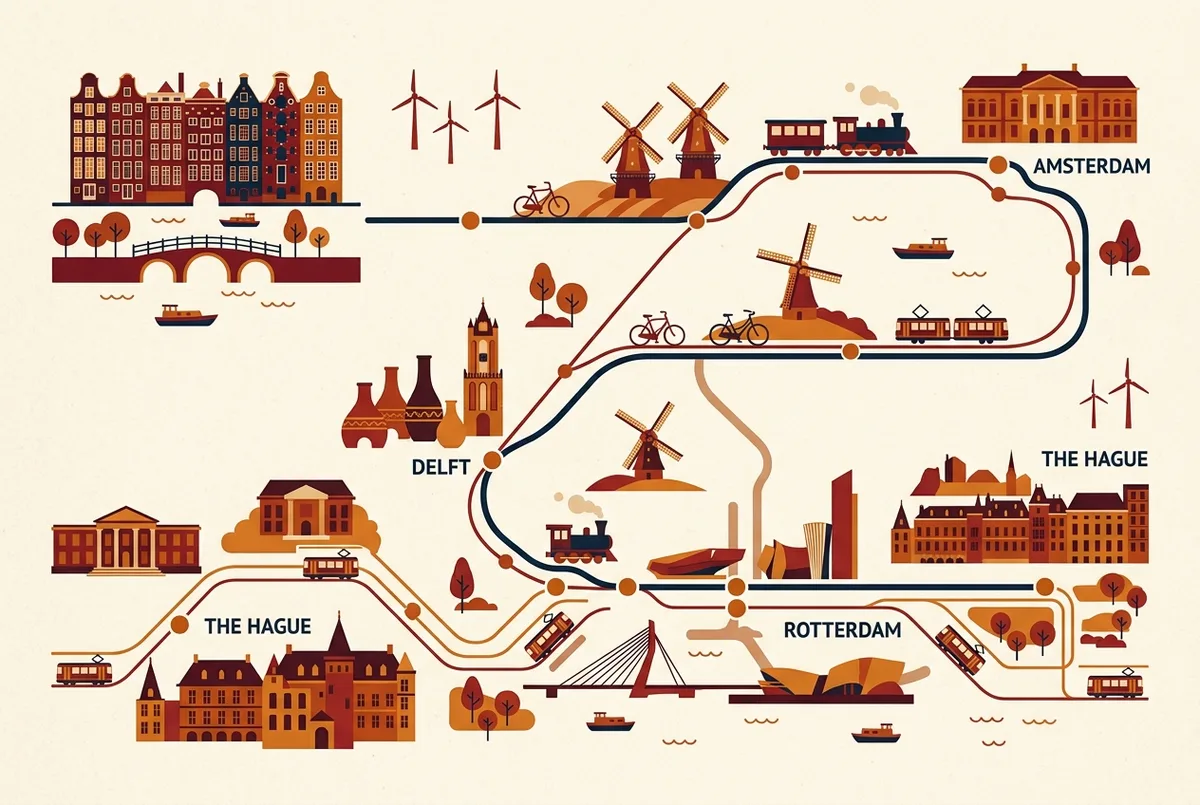 Map style infographic showing a train route from amsterdam through delft and rotterdam to the hague with travel time labels