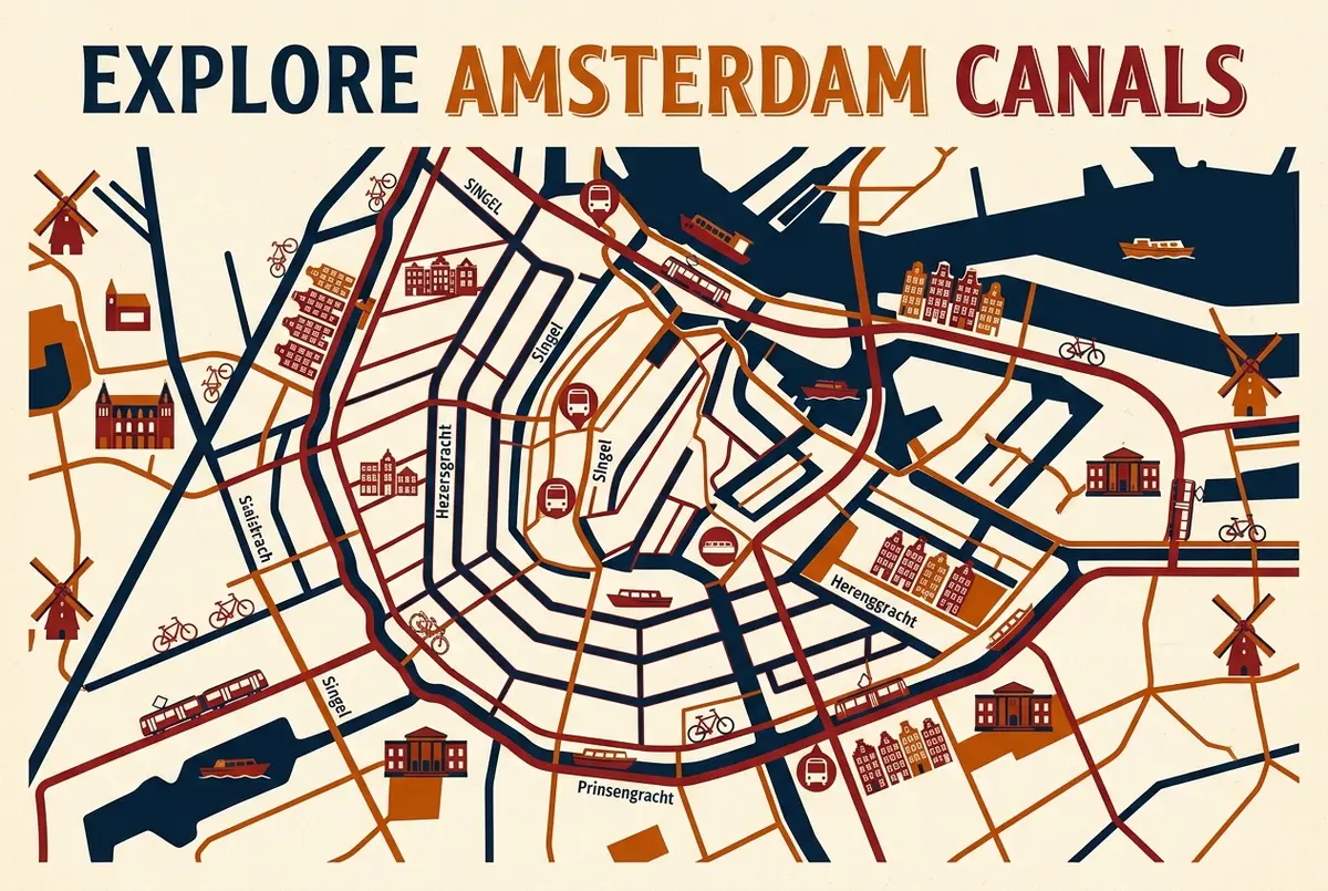 Simple map style illustration of central Amsterdam marking the main hop on hop off bus and boat stops near the canal ring