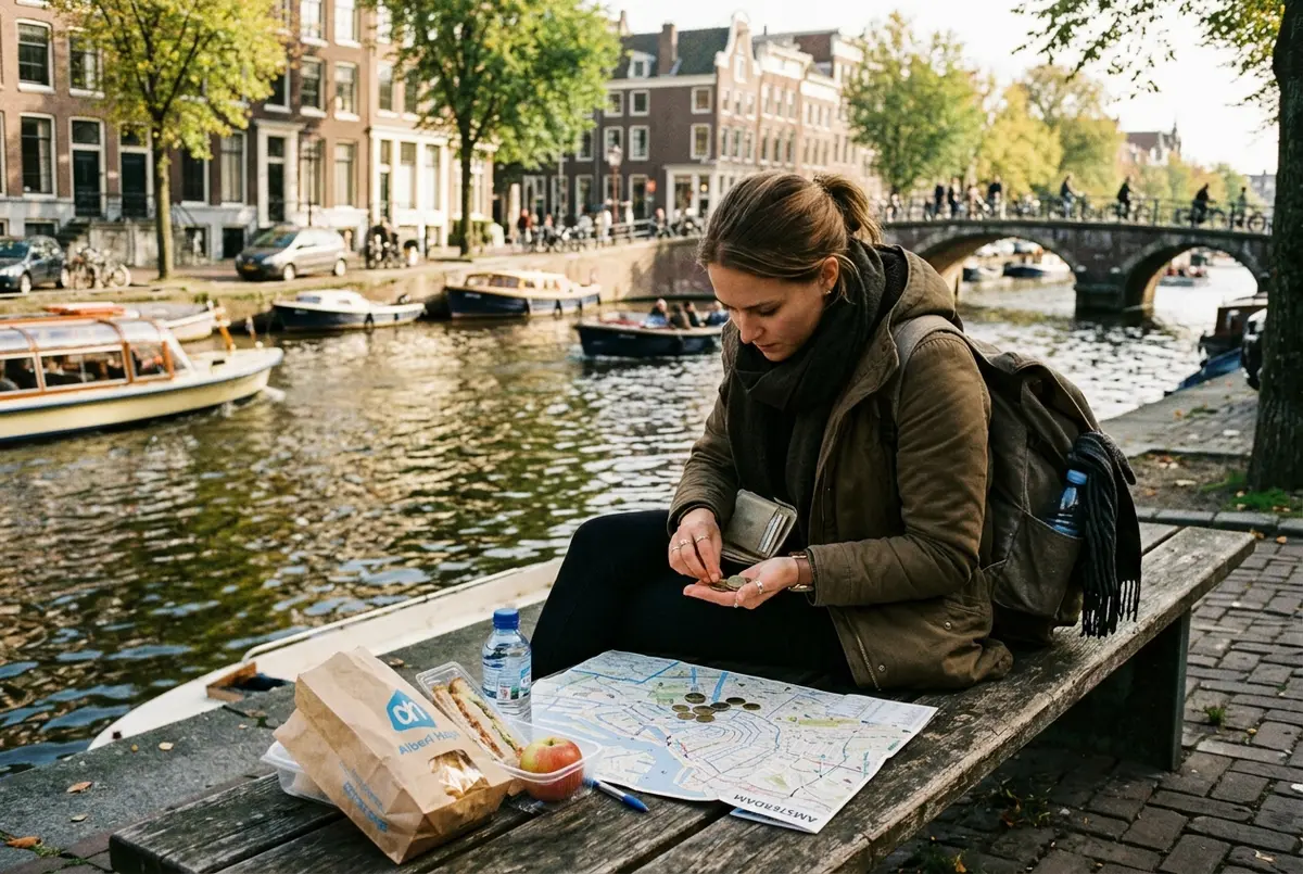 traveler counting coins beside a canal-side bench in Amsterdam with a paper map and a supermarket lunch, planning a budget day