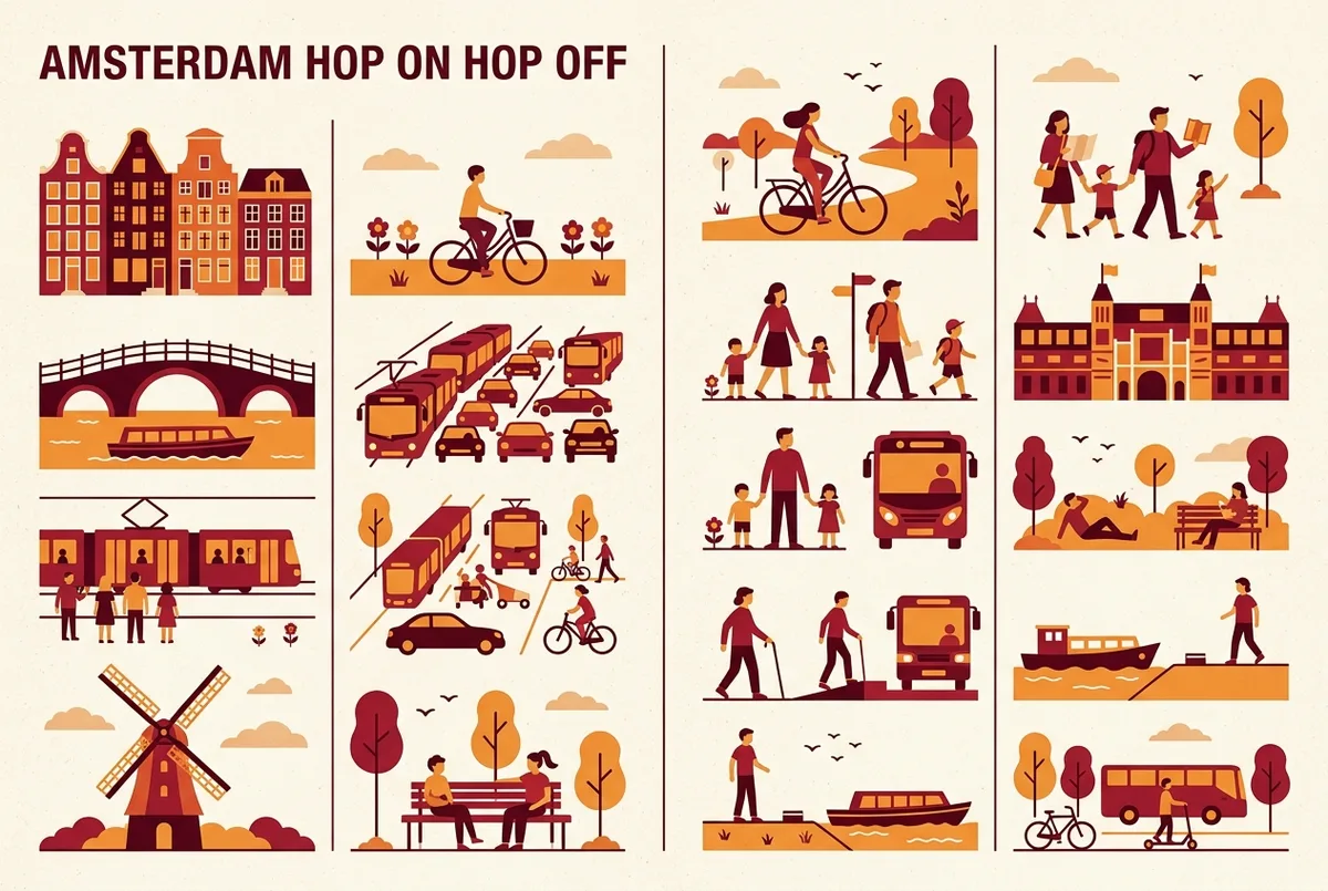 Simple pros and cons infographic comparing amsterdam hop on hop off worth it factors like traffic, kids, mobility and trip length using generic icons