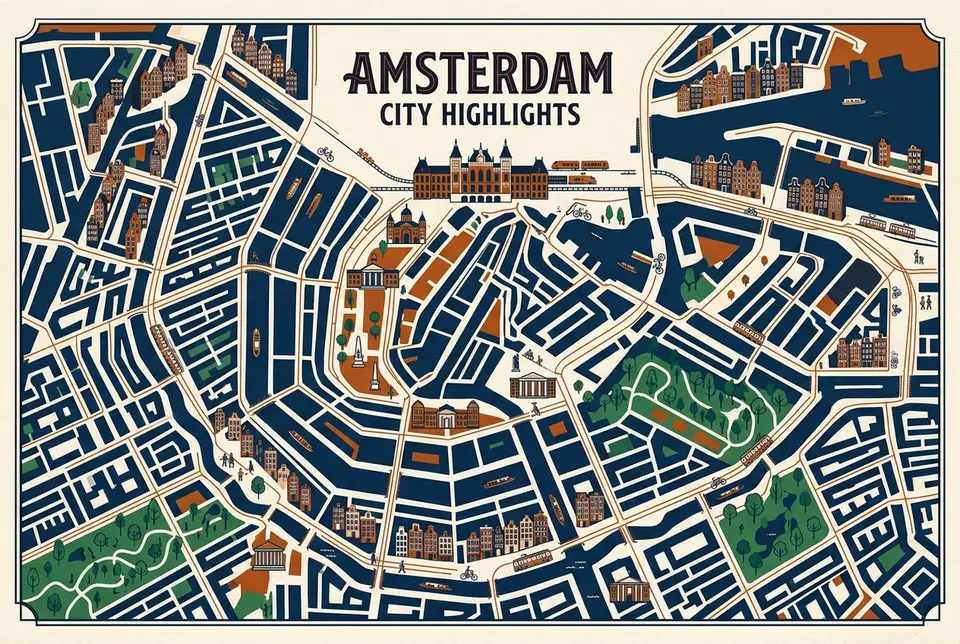 illustrated map of amsterdam highlights showing the curved canal ring with generic icons for a station, a square, museums and a park