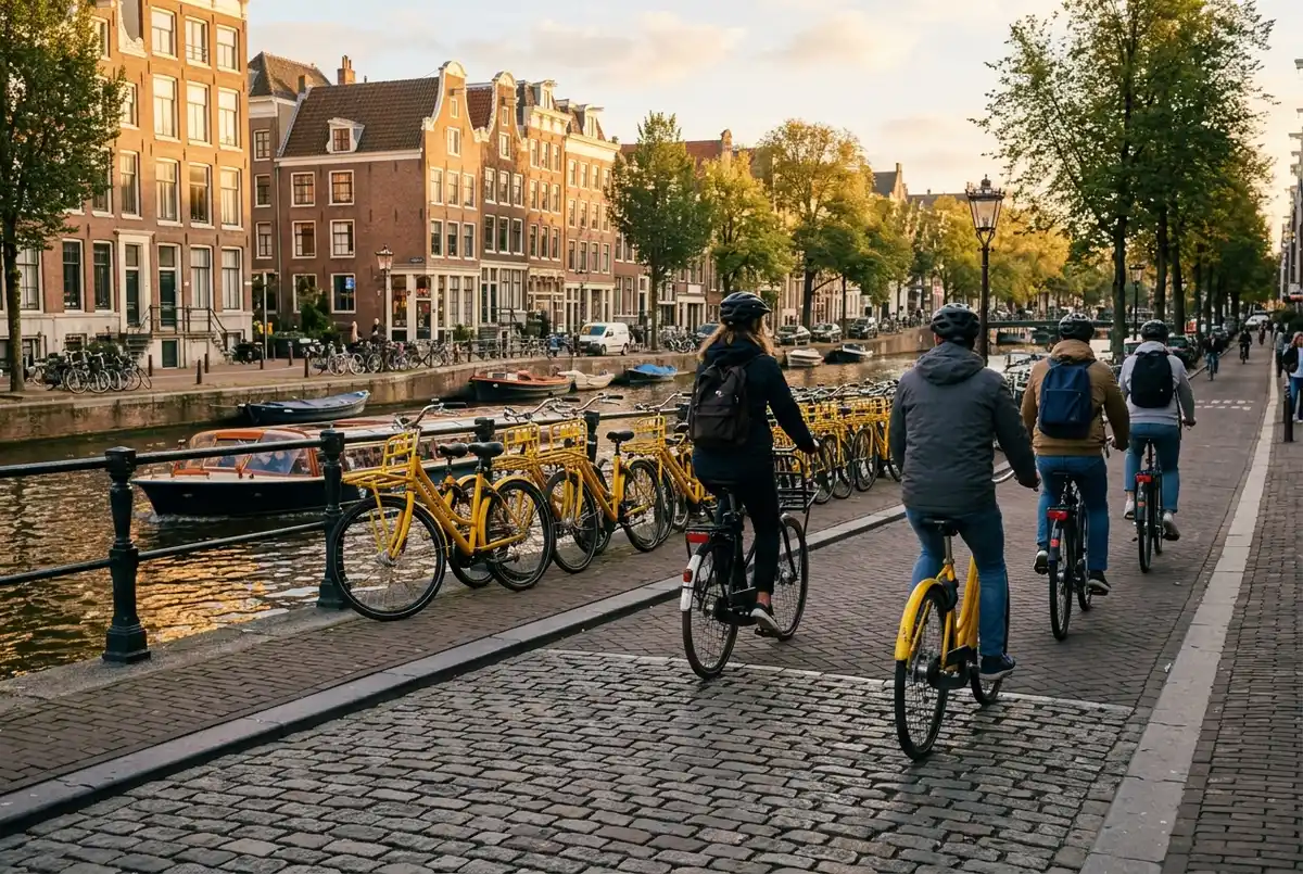 Editorial scene of a guided bike tour group cycling past a row of yellow rental bikes parked along an amsterdam canal