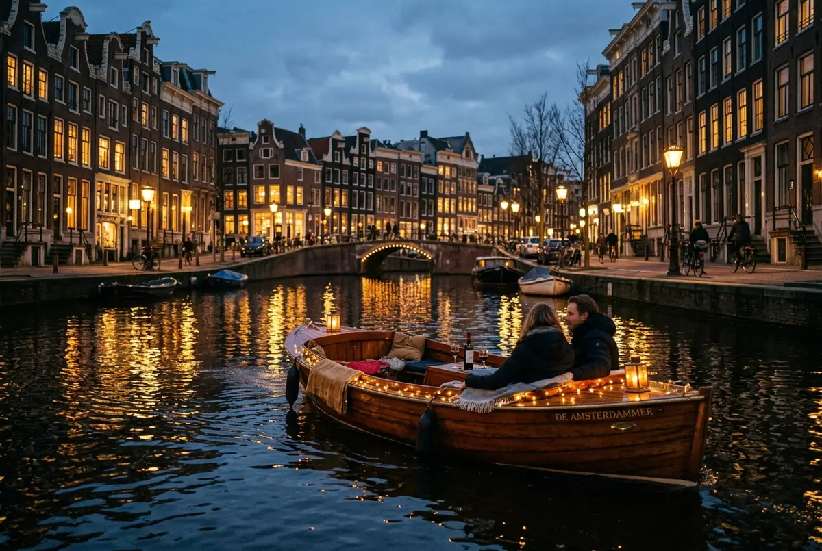 Editorial photo of a small private canal cruise boat reserved for one couple gliding past illuminated amsterdam canal houses at dusk