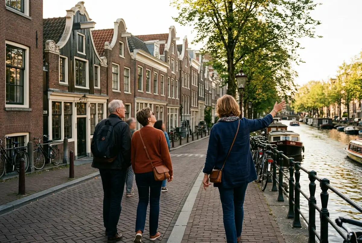 Privégids wijst een klein reisgezelschap de weg tijdens een private tour amsterdam langs een grachtenpand