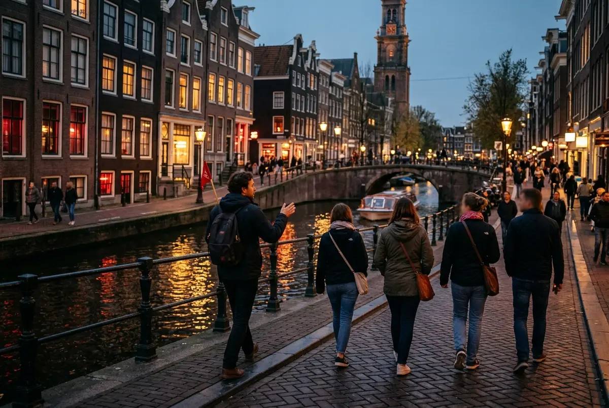 Guia llevando a un grupo reducido junto a casas de canal estrechas en un tour barrio rojo amsterdam en De Wallen al anochecer