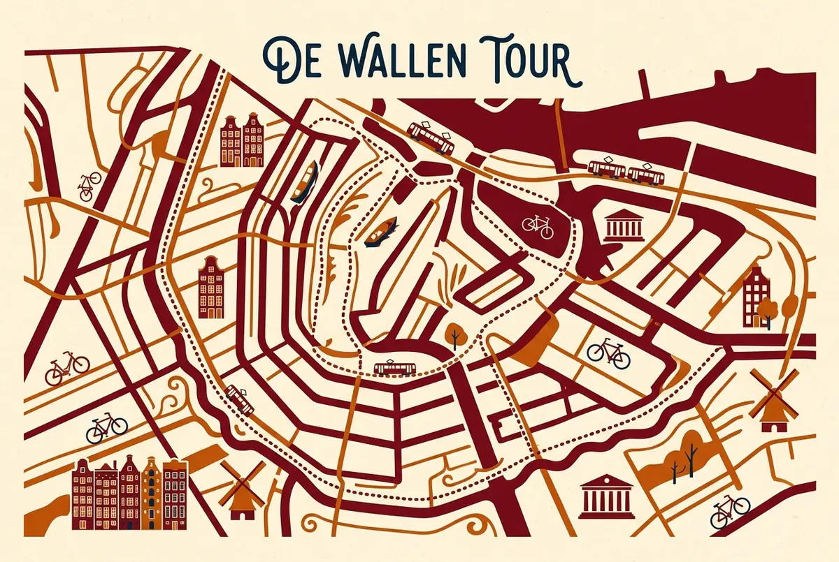 Mapa ilustrado de la ruta de un tour barrio rojo amsterdam por De Wallen con etiquetas genericas de distancia entre los canales principales y las calles secundarias