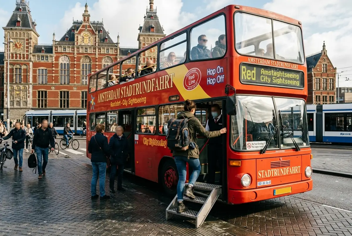 Reisender mit Rucksack steigt am Amsterdamer Hauptbahnhof in einen offenen Doppeldeckerbus der amsterdam stadtrundfahrt am spaeten Vormittag ein