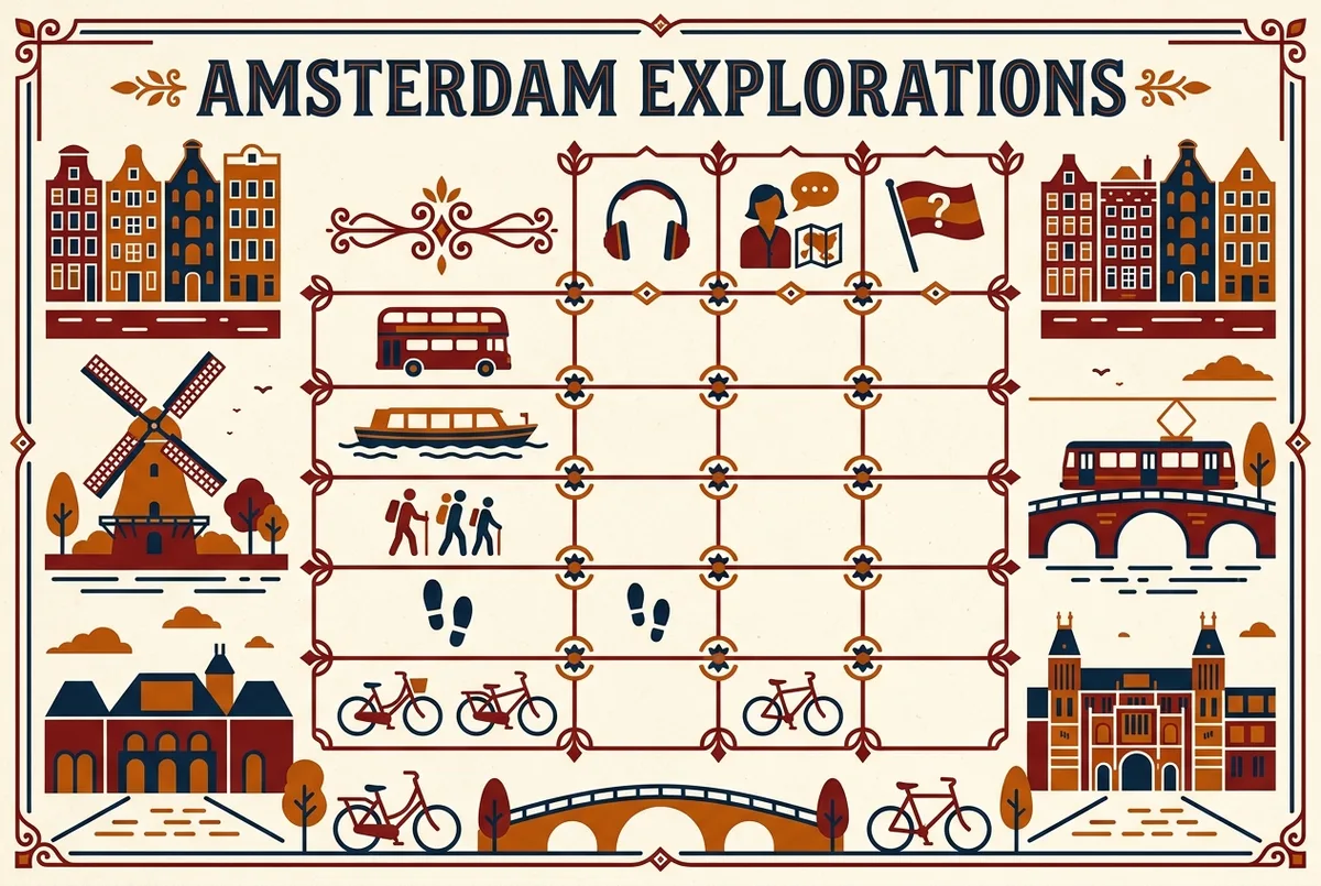 Tabla ilustrada comparando iconos genericos de audioguia, guia en vivo y sin español confirmado junto a bus, barco, excursion, tour a pie y tour en bicicleta en amsterdam
