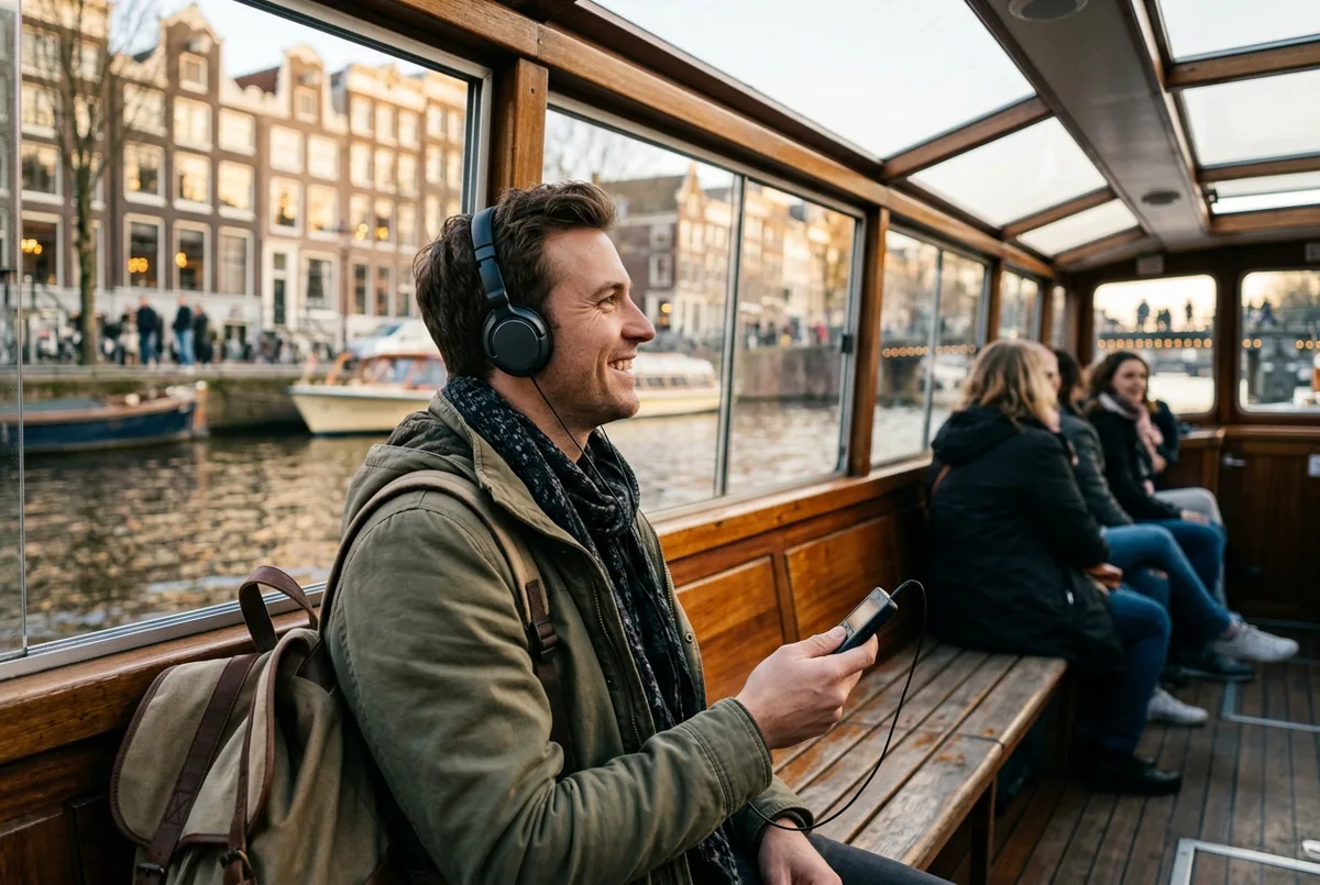 voyageur souriant écoutant un audioguide avec des écouteurs à bord d'un bus touristique amsterdam décapotable devant un canal au coucher du soleil