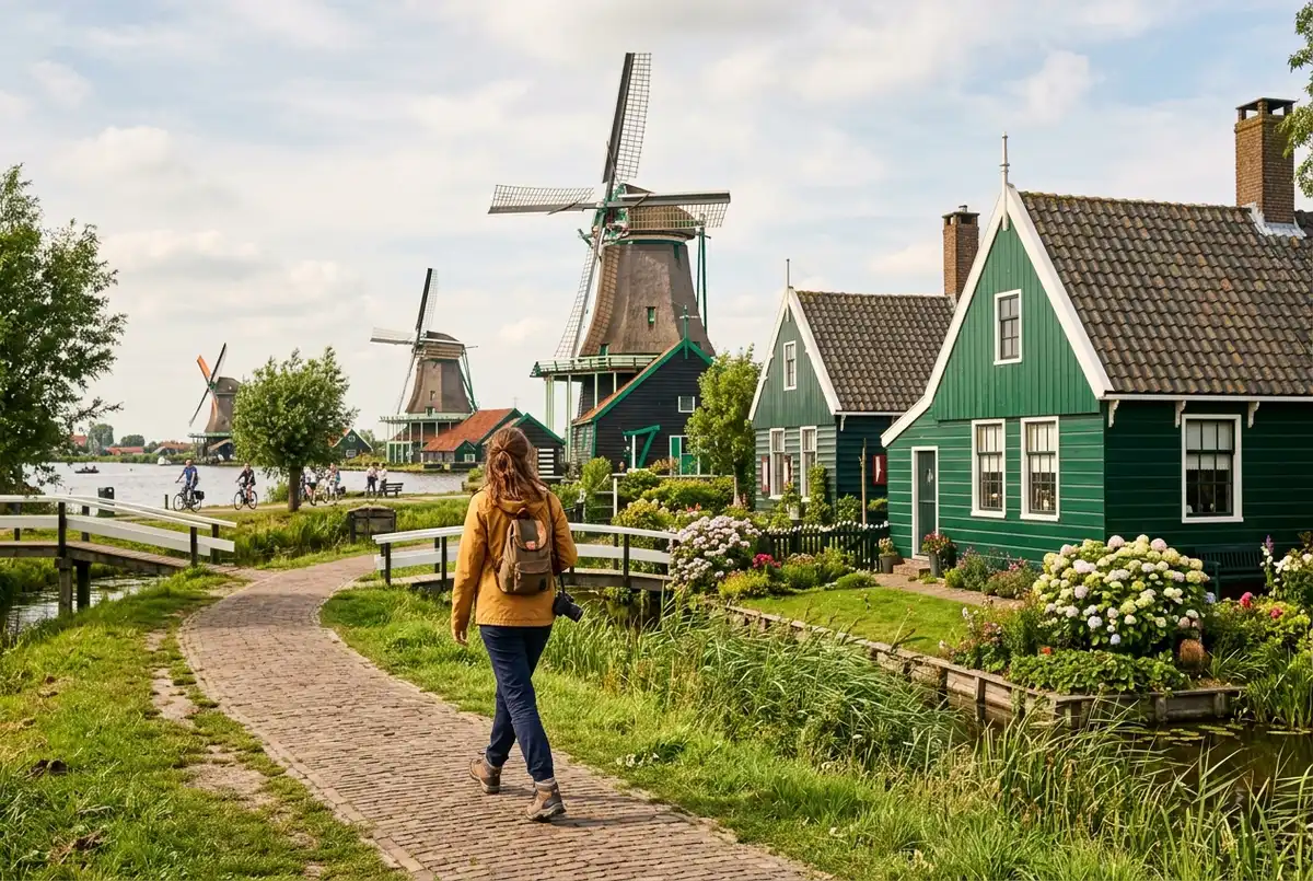 Traveler walking past working windmills and traditional green wooden houses at zaanse schans on a day trip from amsterdam