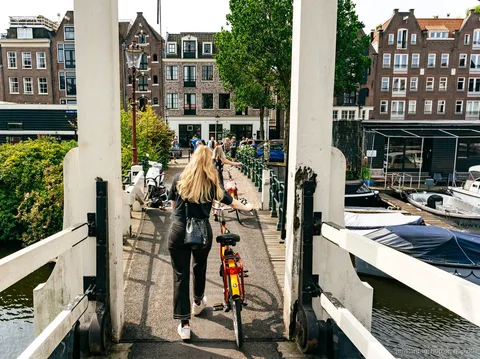 Grupo guiado en bici recorriendo el anillo de canales de Amsterdam