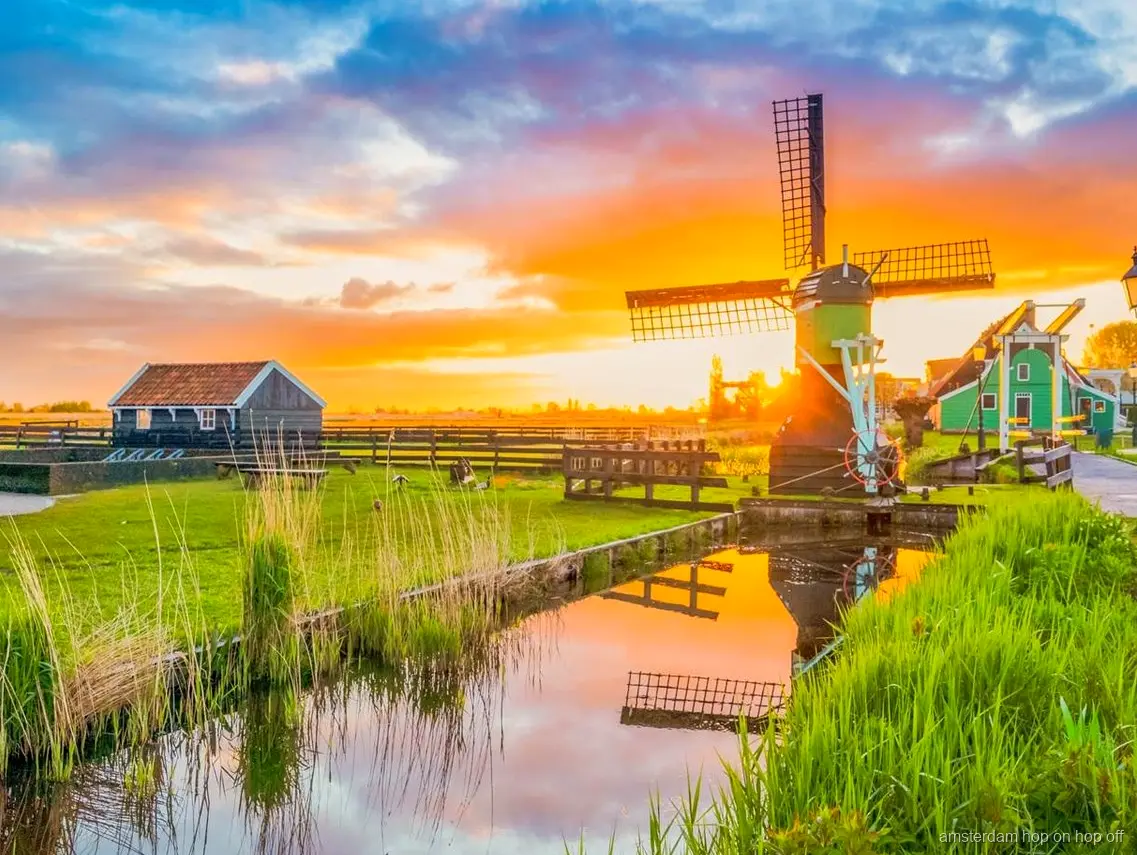 Werkende molens bij Zaanse Schans tijdens de Amsterdamse plattelandsdagtour